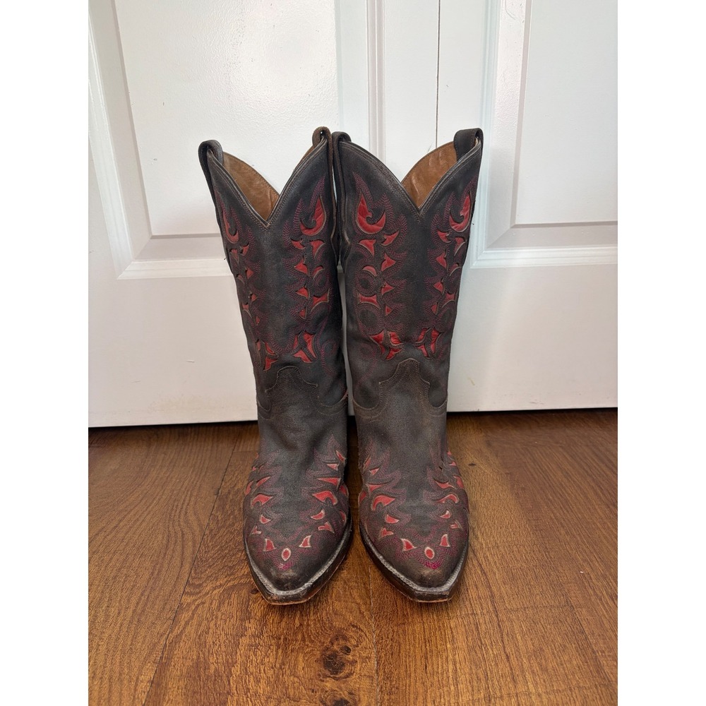 Lucchese Resistol Ranch M3554 Women's 11B Brown Red Inlay Snip Toe Western Boots